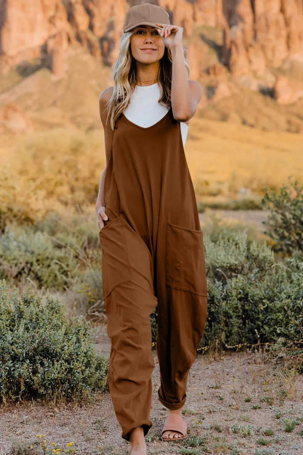 Double Take Full Size V-Neck Sleeveless Jumpsuit with Pockets - Velora Luxury Fashion