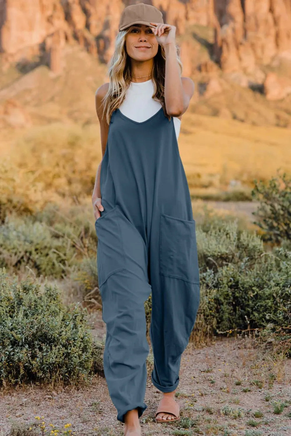 Double Take Full Size V-Neck Sleeveless Jumpsuit with Pockets - Velora Luxury Fashion