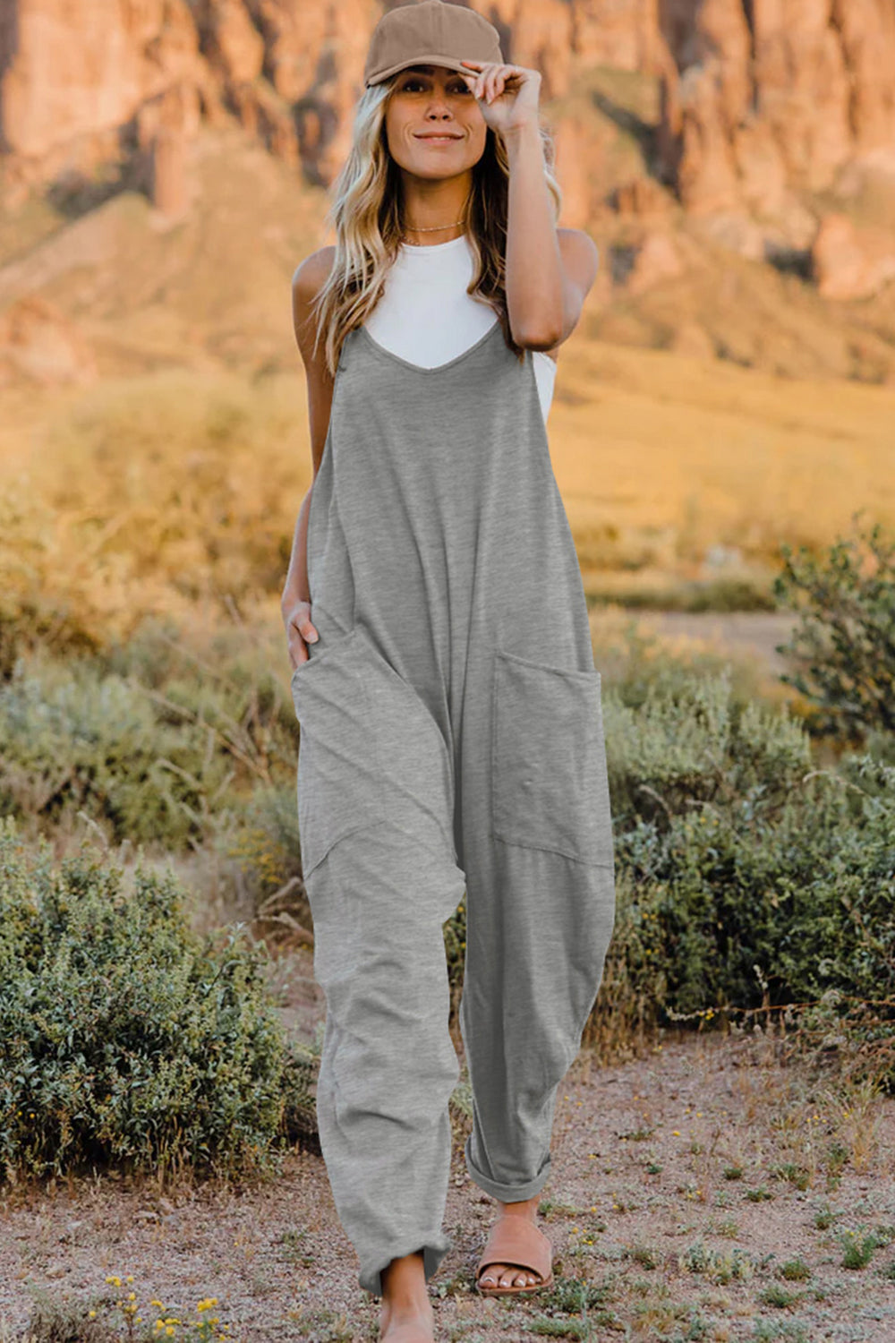 Double Take Full Size V-Neck Sleeveless Jumpsuit with Pockets - Velora Luxury Fashion