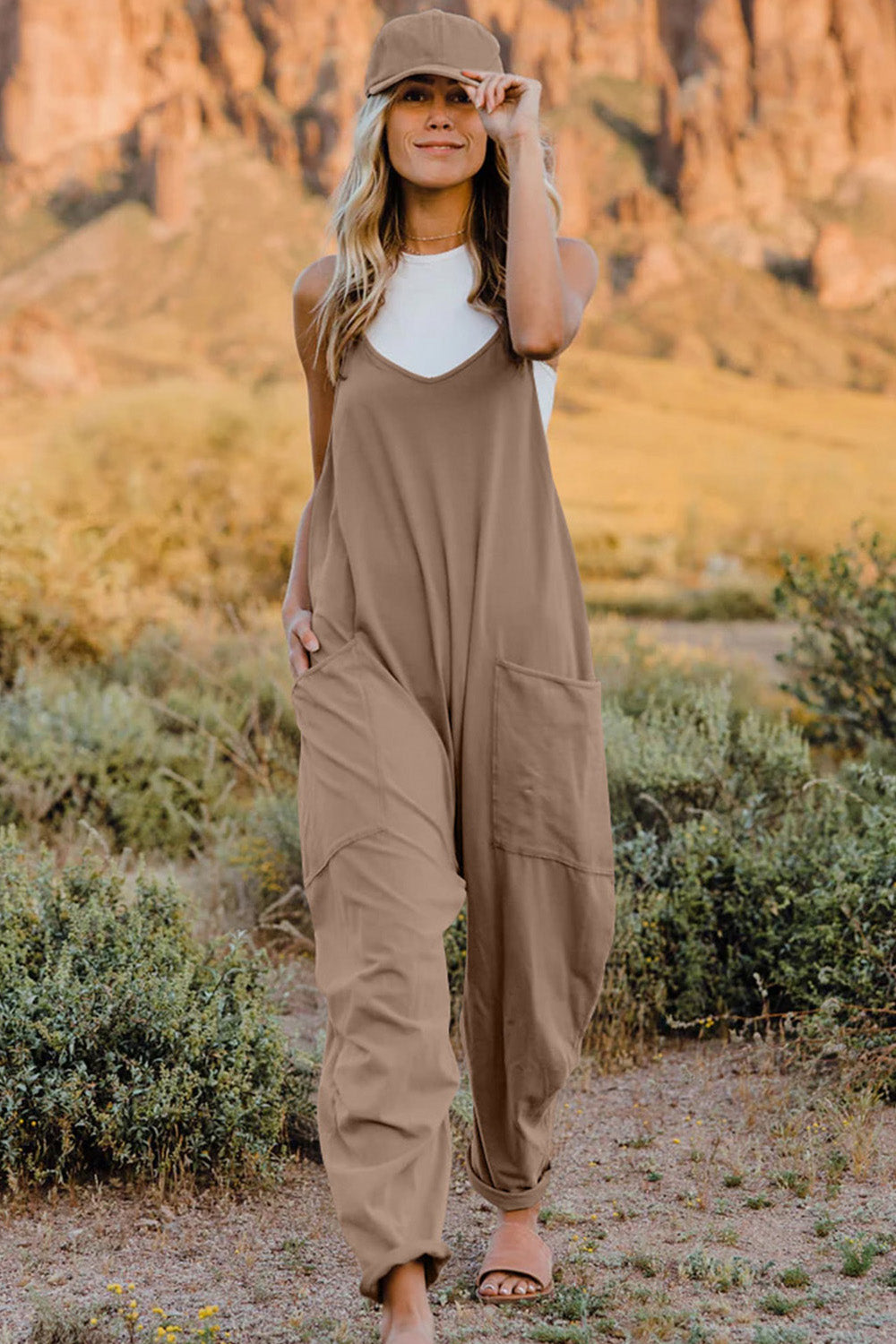 Double Take Full Size V-Neck Sleeveless Jumpsuit with Pockets - Velora Luxury Fashion