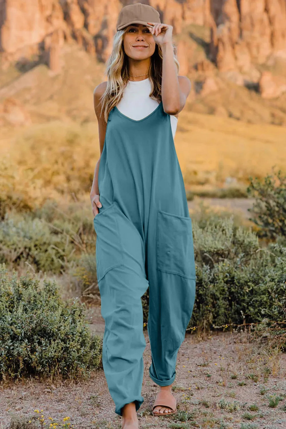 Double Take Full Size V-Neck Sleeveless Jumpsuit with Pockets - Velora Luxury Fashion