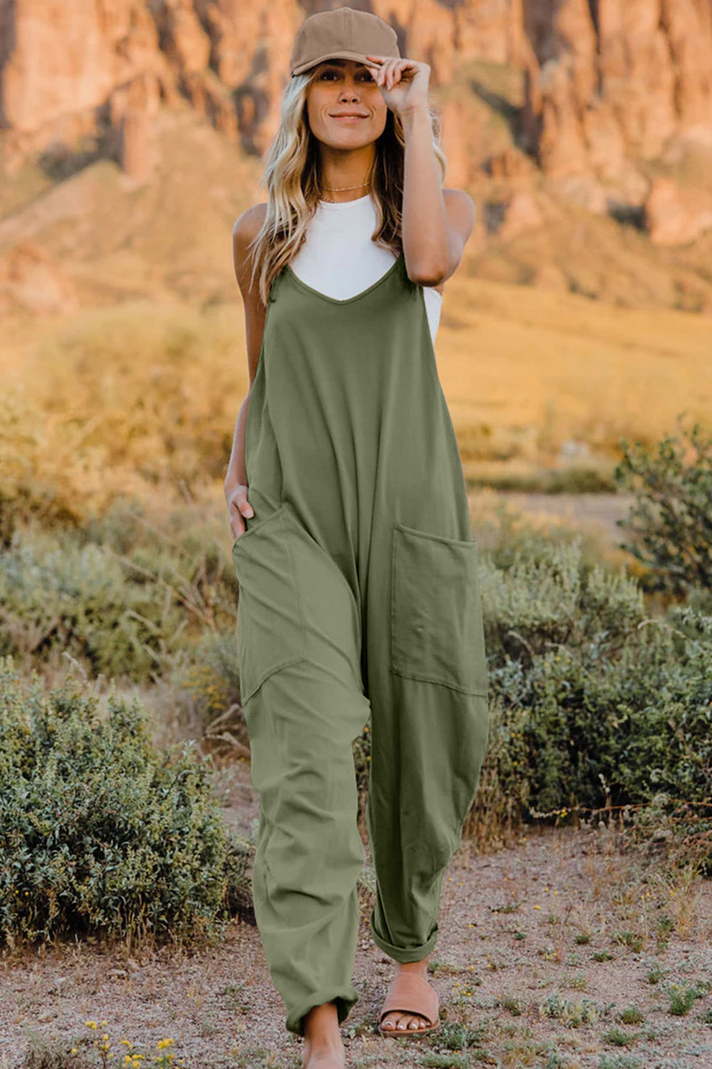 Double Take Full Size V-Neck Sleeveless Jumpsuit with Pockets - Velora Luxury Fashion