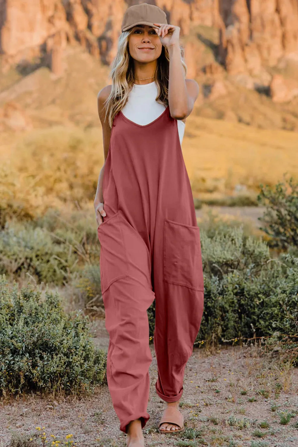 Double Take Full Size V-Neck Sleeveless Jumpsuit with Pockets - Velora Luxury Fashion
