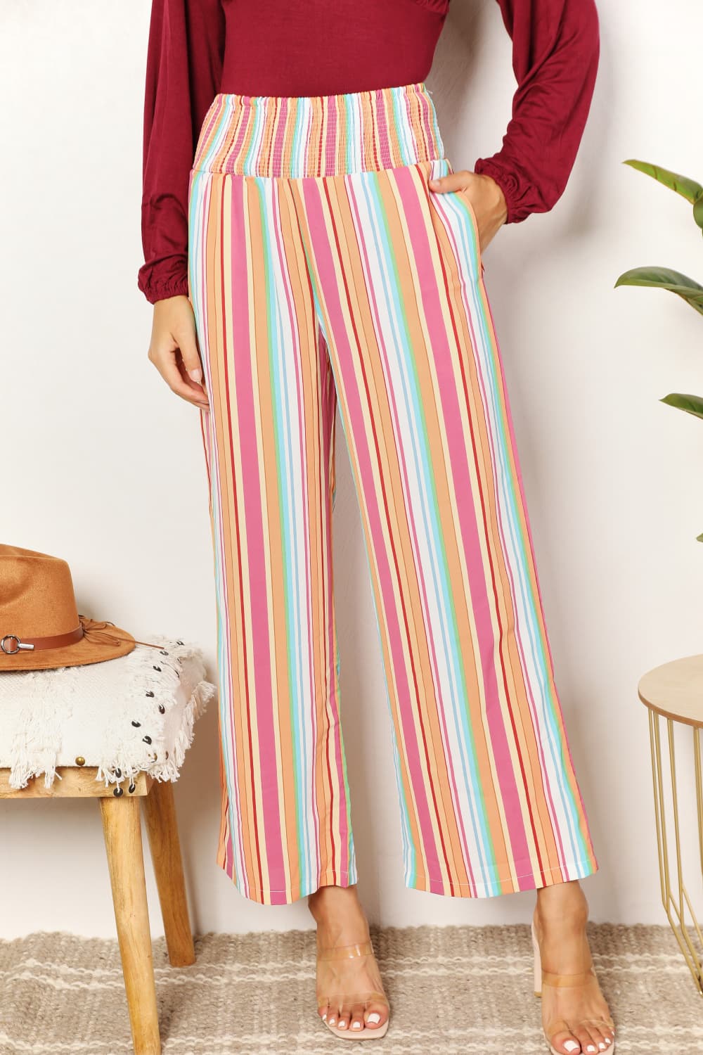 Double Take Striped Smocked Waist Pants with Pockets - Velora Luxury Fashion