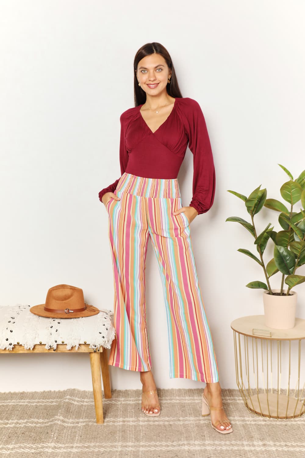 Double Take Striped Smocked Waist Pants with Pockets - Velora Luxury Fashion