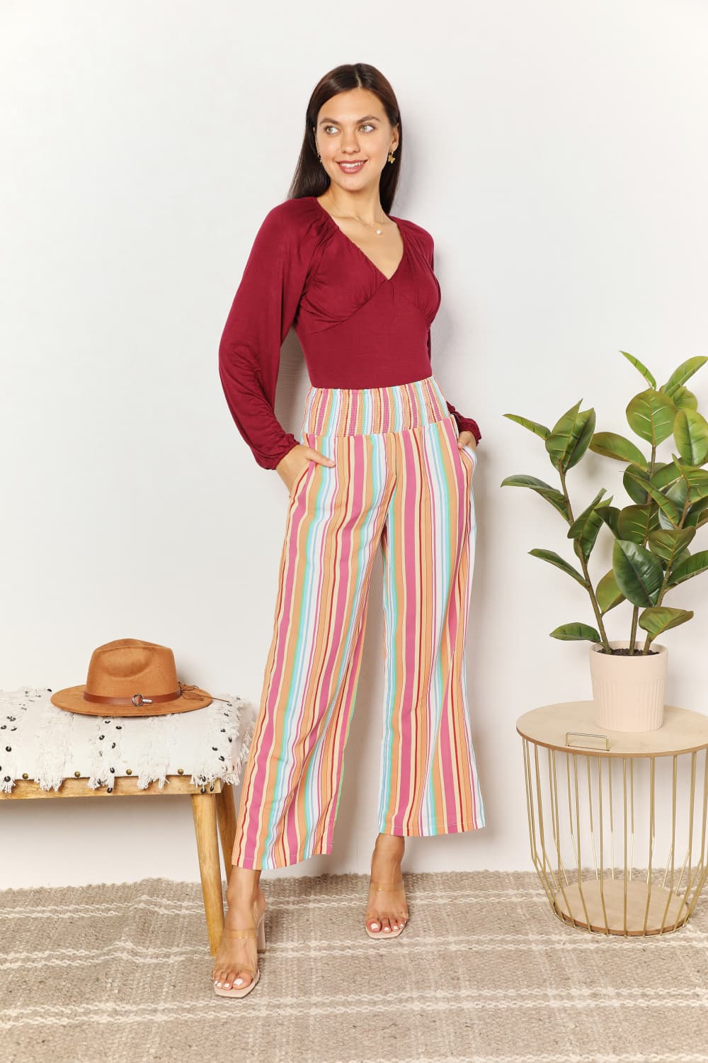Double Take Striped Smocked Waist Pants with Pockets - Velora Luxury Fashion
