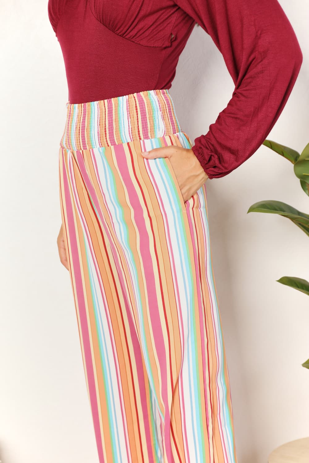 Double Take Striped Smocked Waist Pants with Pockets - Velora Luxury Fashion