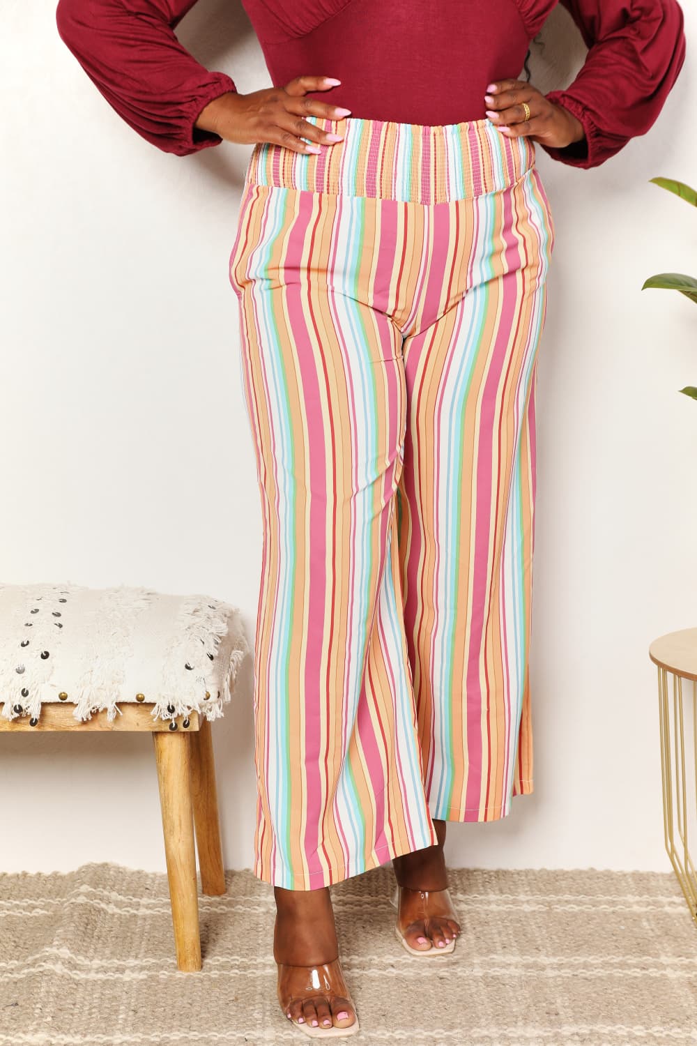 Double Take Striped Smocked Waist Pants with Pockets - Velora Luxury Fashion