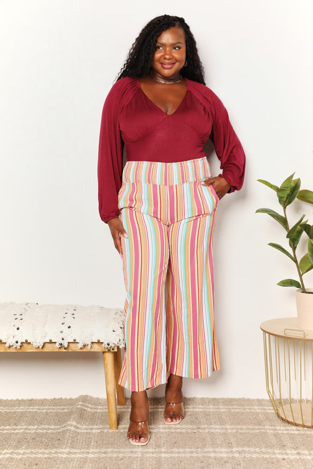 Double Take Striped Smocked Waist Pants with Pockets - Velora Luxury Fashion