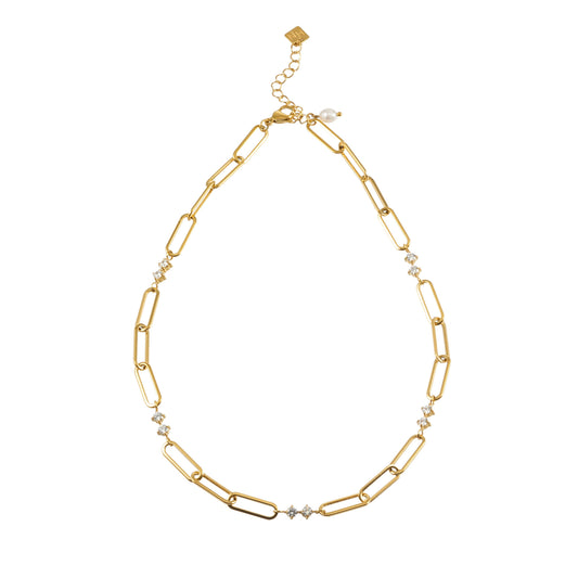ELOPPINA Gold Necklace: Paper Clip Chain with Zirconia Accents & a Freshwater Pearl Charm - Velora Luxury Fashion