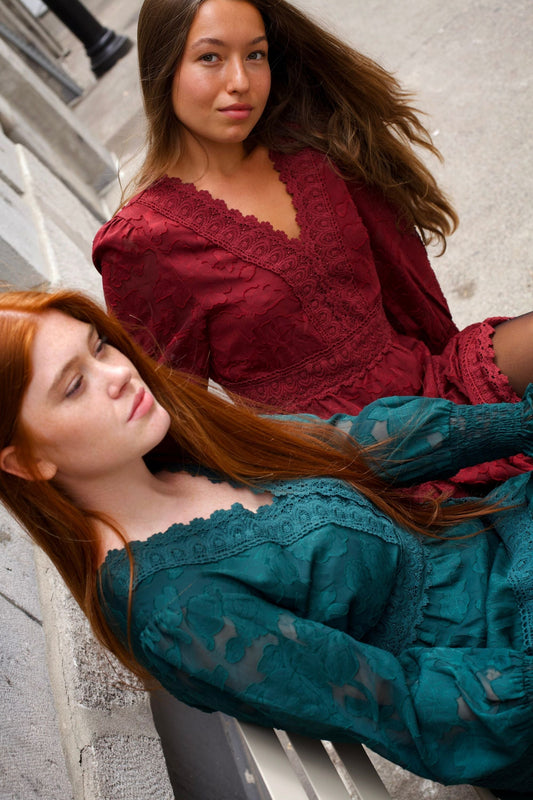 Edith Floral Lace Boho Mini Dress Long Sleeves V-Neck Detailing - Velora Luxury Fashion