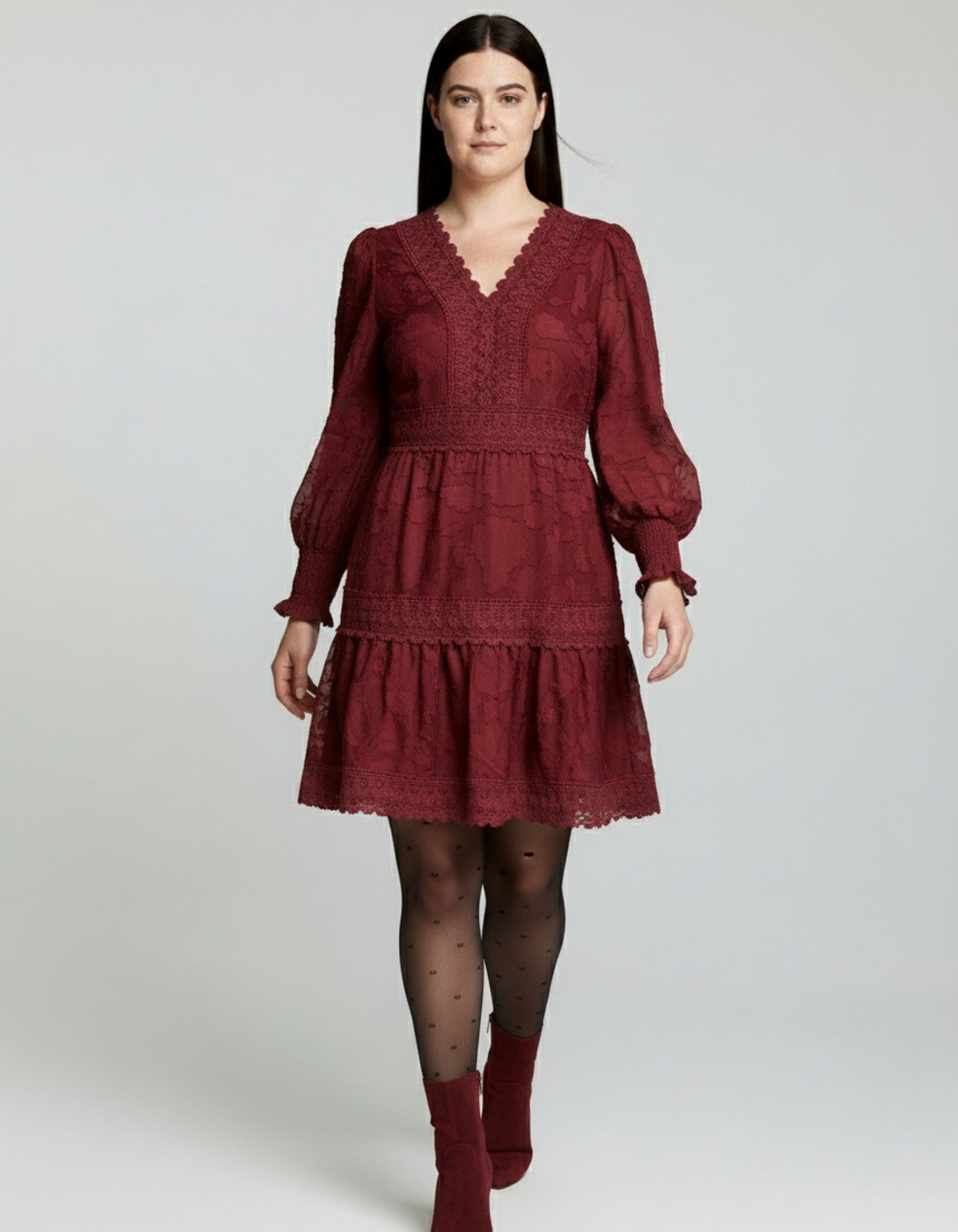 Edith Floral Lace Boho Mini Dress Long Sleeves V-Neck Detailing - Velora Luxury Fashion