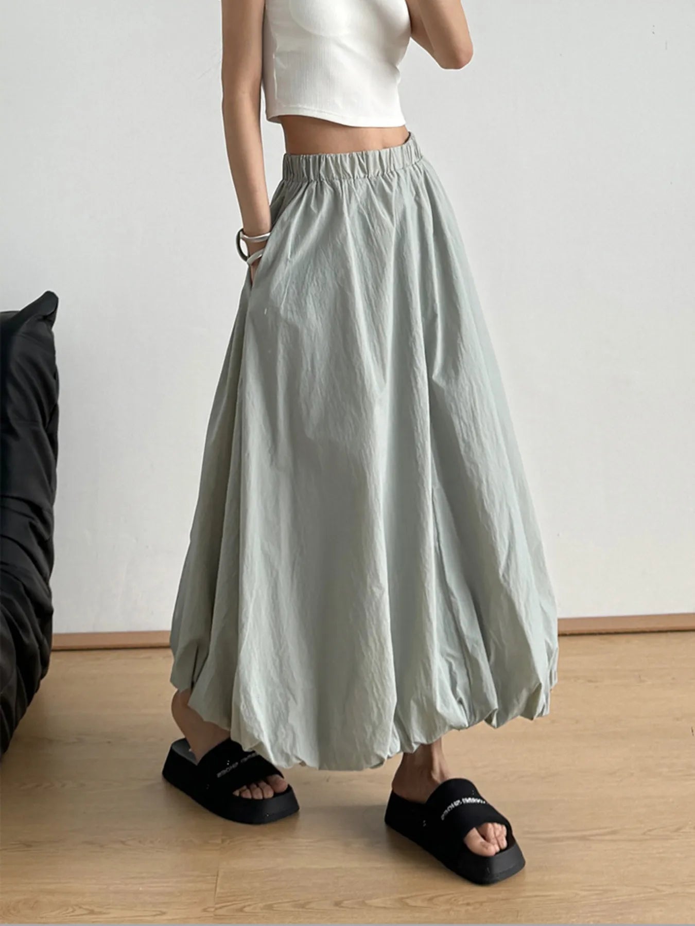 Elastic Waist Bubble Hem Maxi Skirt - Velora Luxury Fashion