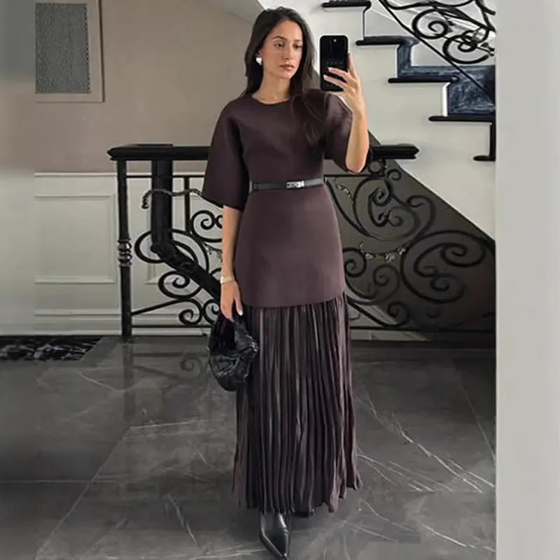 Elegant Brown Patchwork Pleated Short Sleeves Long Dress EX-STOCK Canada