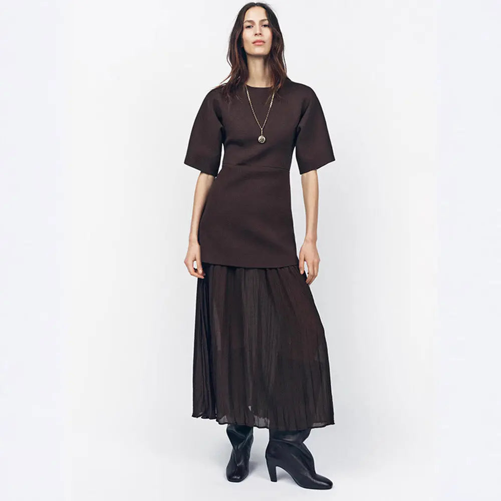 Elegant Brown Patchwork Pleated Short Sleeves Long Dress EX-STOCK Canada