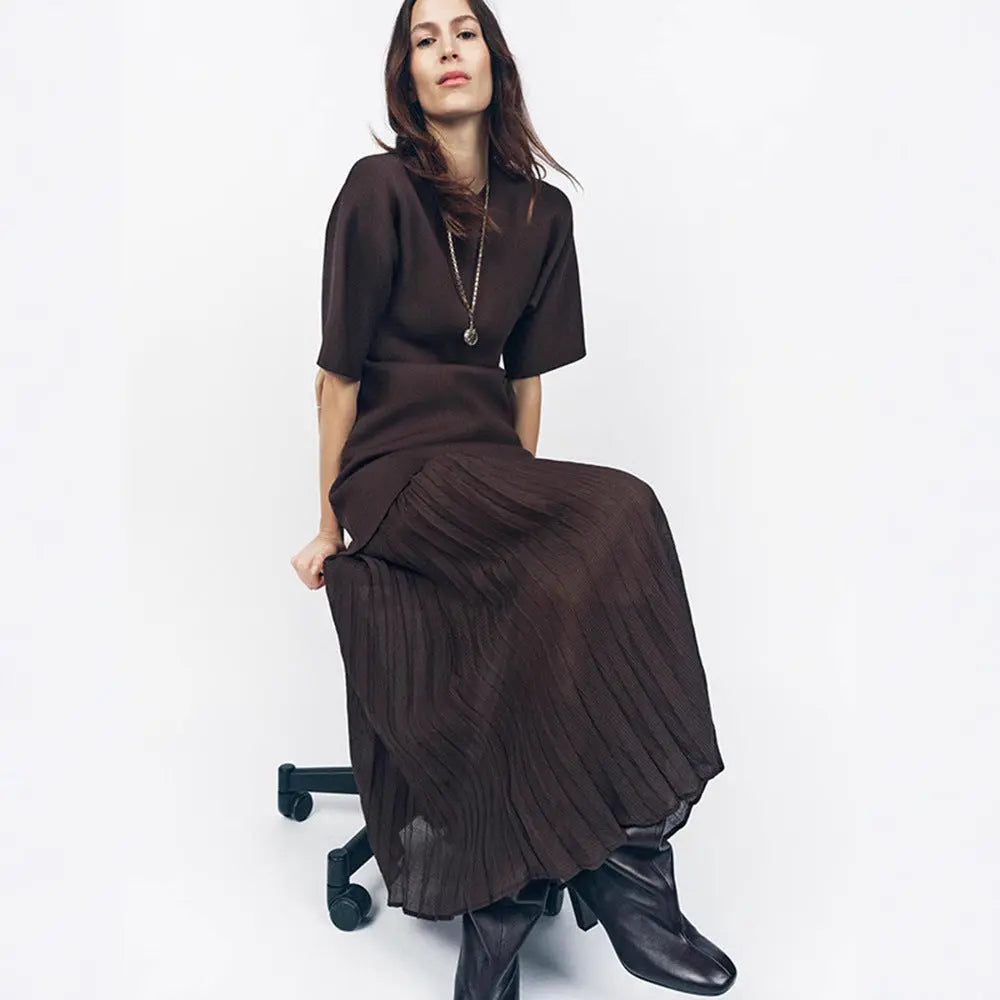 Elegant Brown Patchwork Pleated Short Sleeves Long Dress EX-STOCK Canada