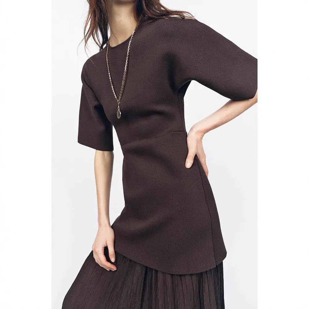 Elegant Brown Patchwork Pleated Short Sleeves Long Dress EX-STOCK Canada