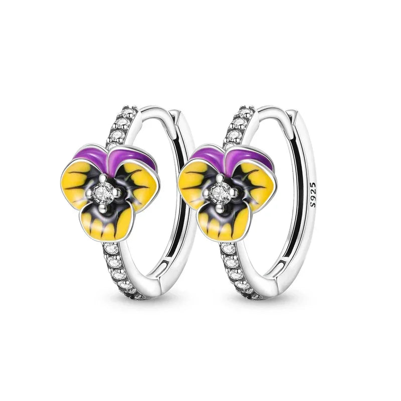 Elegant Pansy Flower Sterling Silver Hoop Earrings With Cubic Zirconia - Velora Luxury Fashion