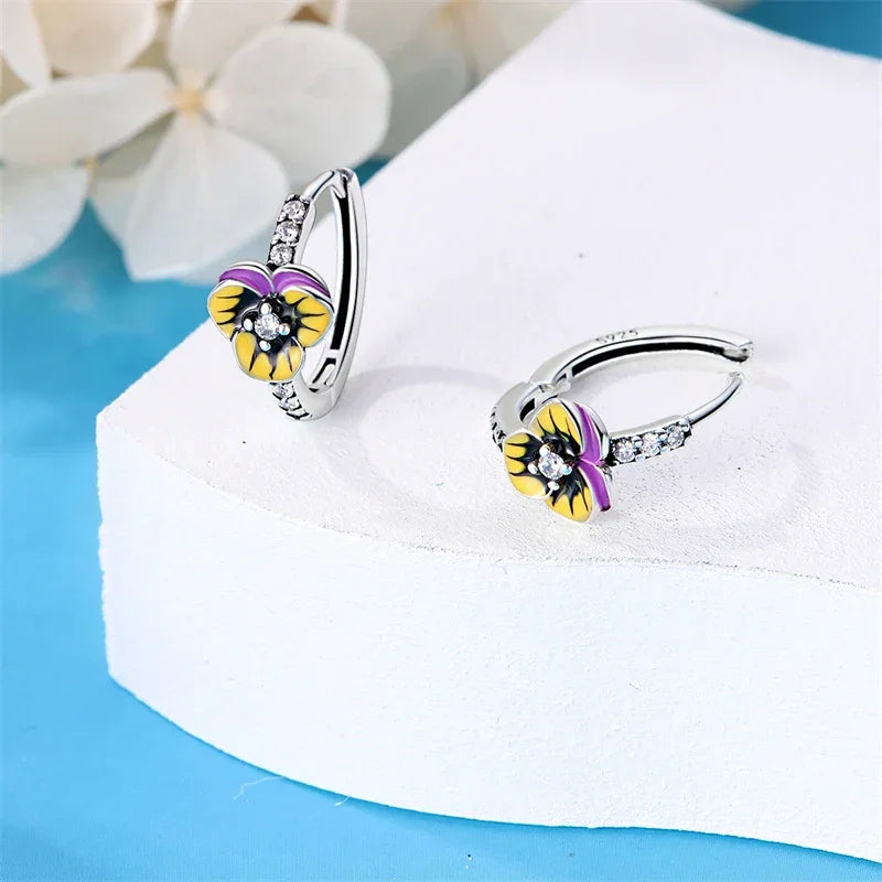 Elegant Pansy Flower Sterling Silver Hoop Earrings With Cubic Zirconia - Velora Luxury Fashion