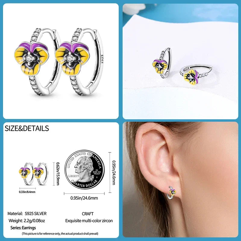 Elegant Pansy Flower Sterling Silver Hoop Earrings With Cubic Zirconia - Velora Luxury Fashion