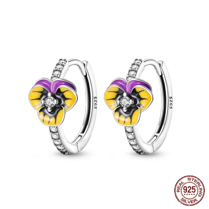 Elegant Pansy Flower Sterling Silver Hoop Earrings With Cubic Zirconia - Velora Luxury Fashion