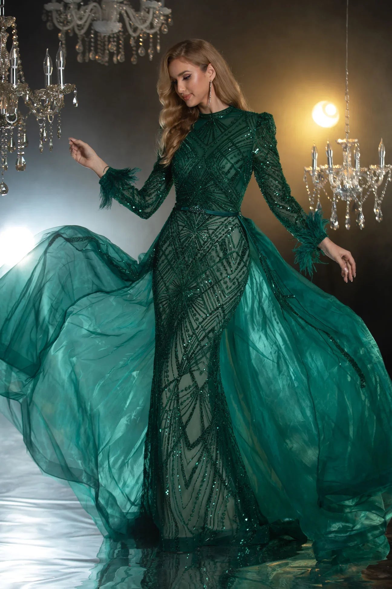 Embellished Long sleeves Evening Gown - Velora Luxury Fashion