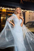 Embellished cape sleeves Evening Gown - Velora Luxury Fashion