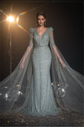 Embellished cape sleeves Evening Gown - Velora Luxury Fashion