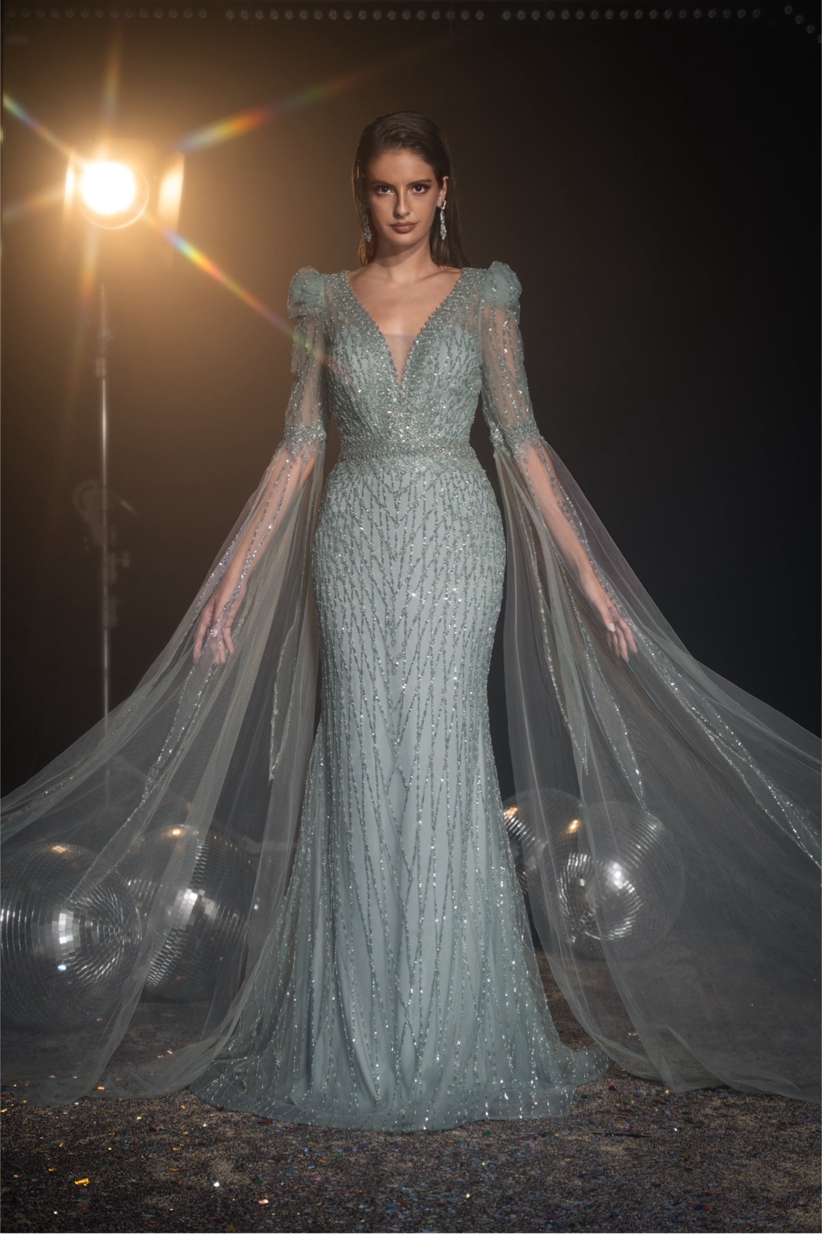 Embellished cape sleeves Evening Gown - Velora Luxury Fashion