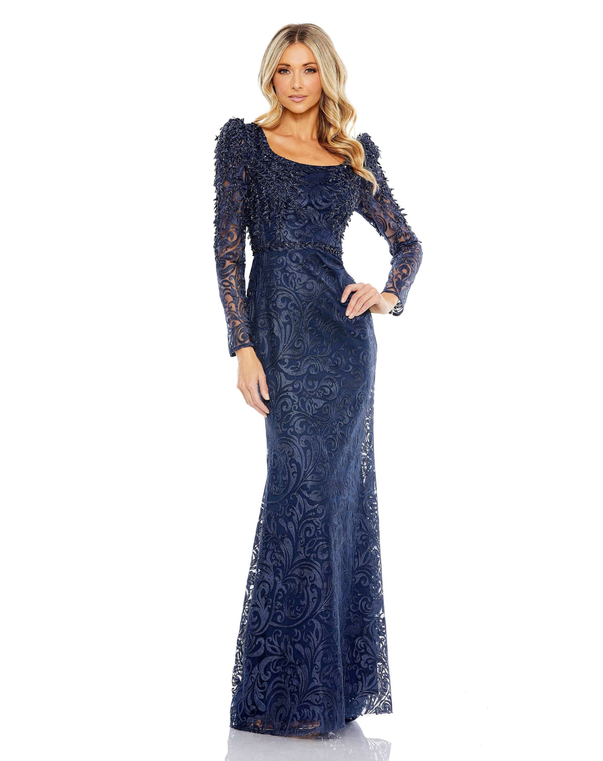 Embroidered Appliqué Shoulder Detail Trumpet Gown - Velora Luxury Fashion