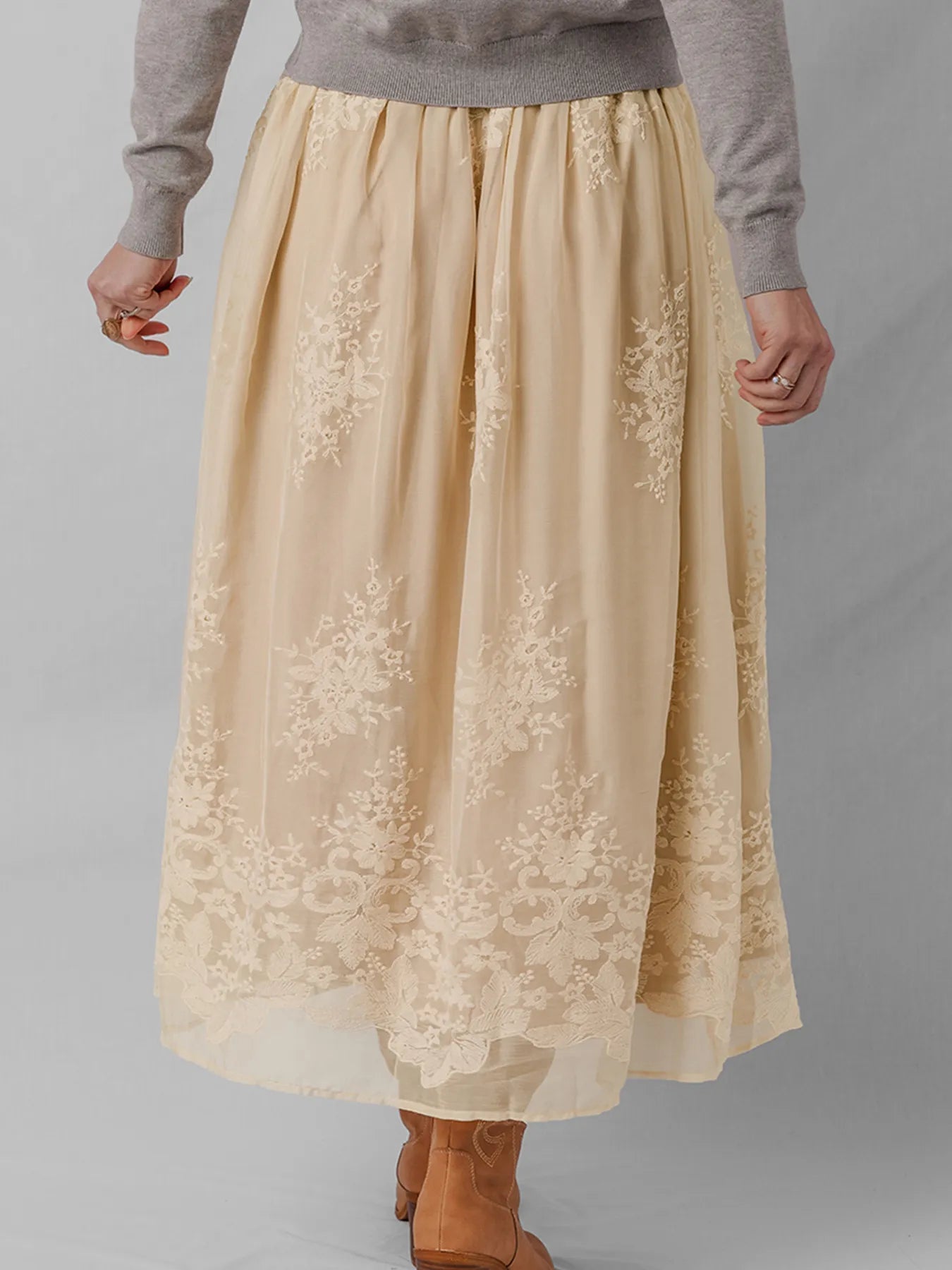 Embroidered Mesh Overlay Flowy Midi Skirt - Velora Luxury Fashion