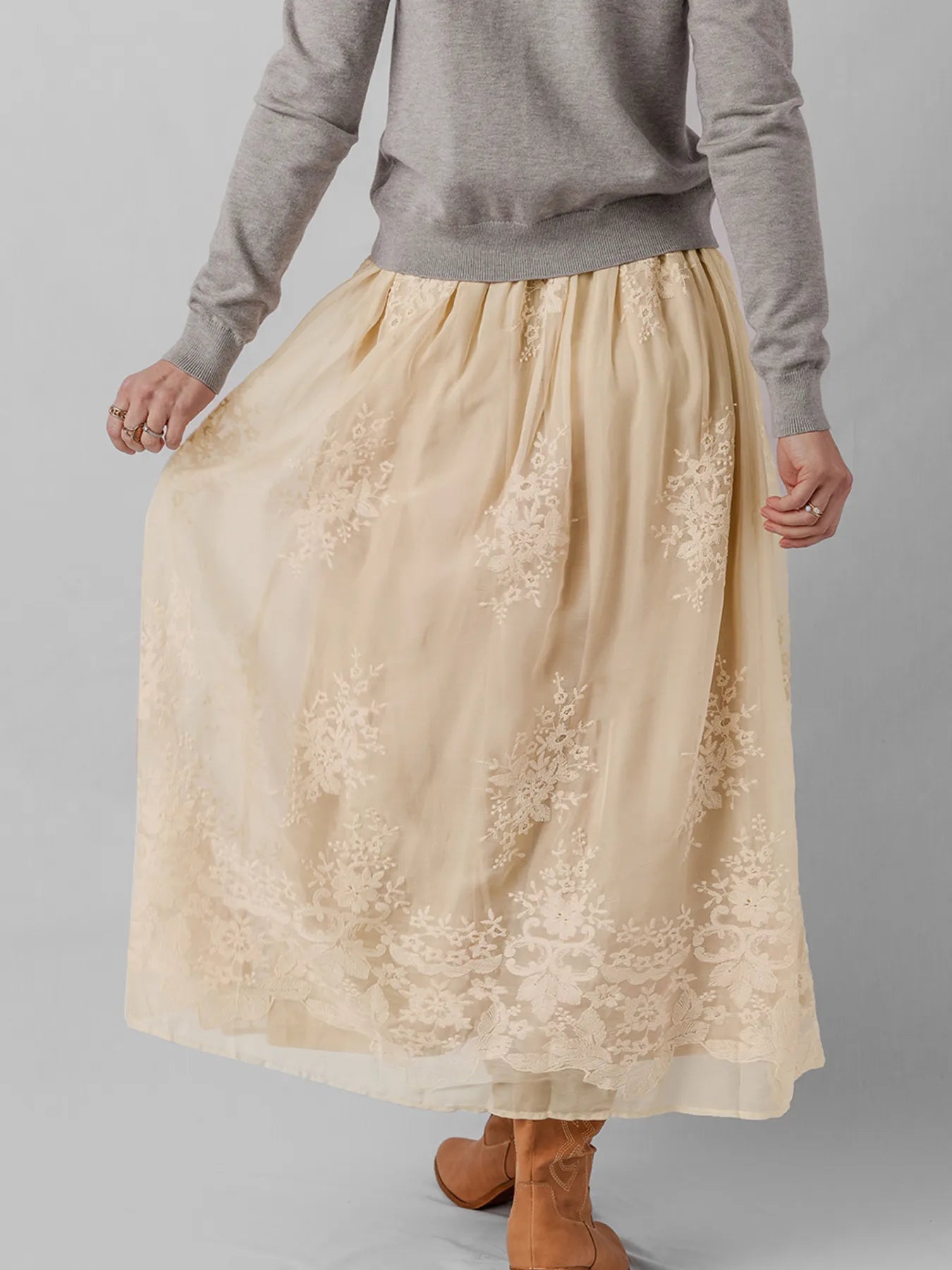 Embroidered Mesh Overlay Flowy Midi Skirt - Velora Luxury Fashion