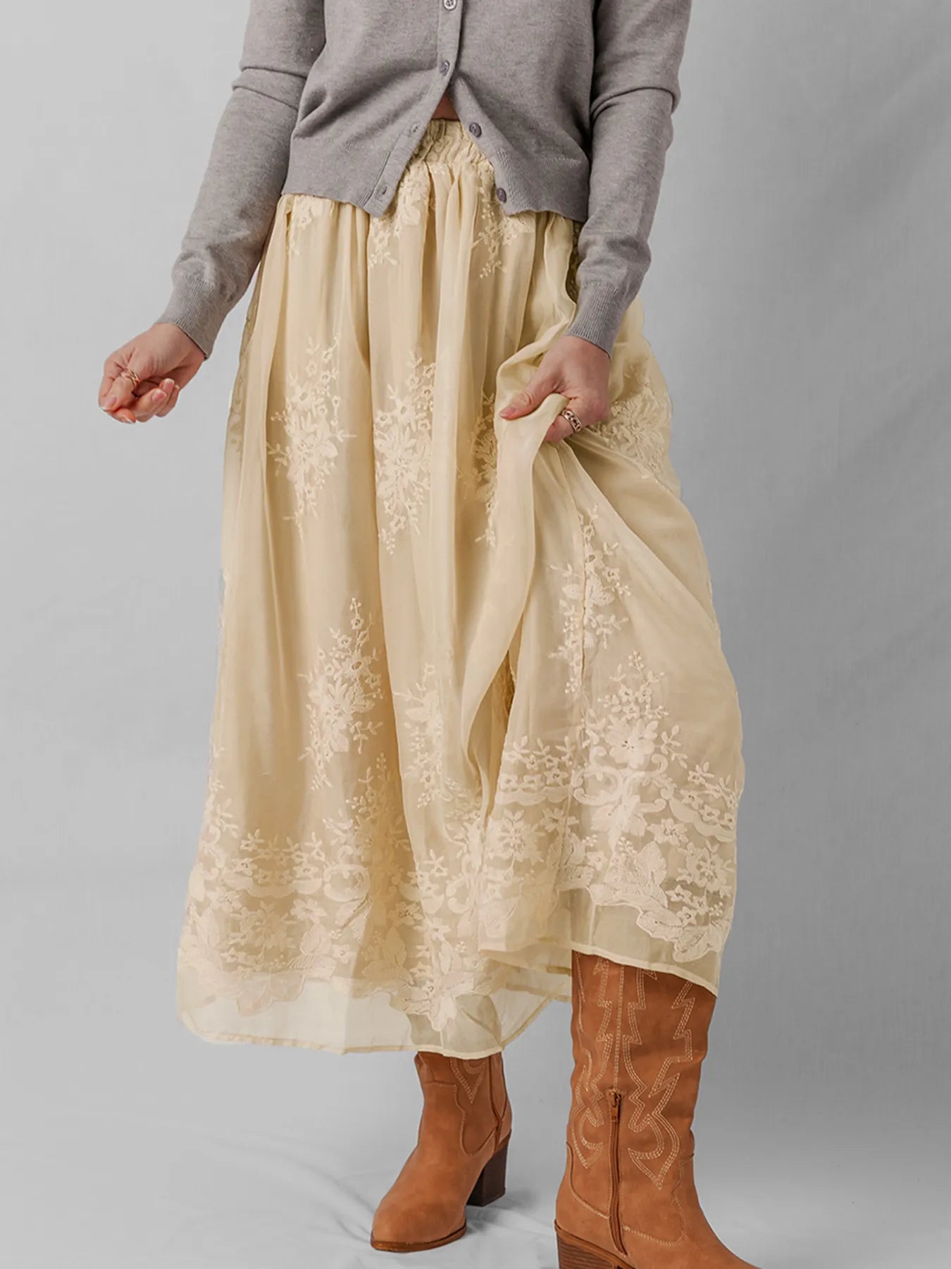 Embroidered Mesh Overlay Flowy Midi Skirt - Velora Luxury Fashion