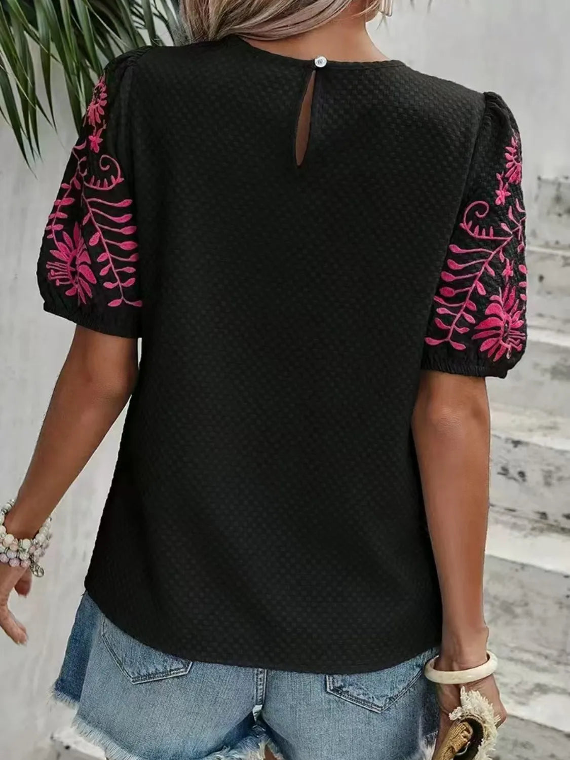 Embroidered Round Neck Short Sleeve Blouse - Velora Luxury Fashion