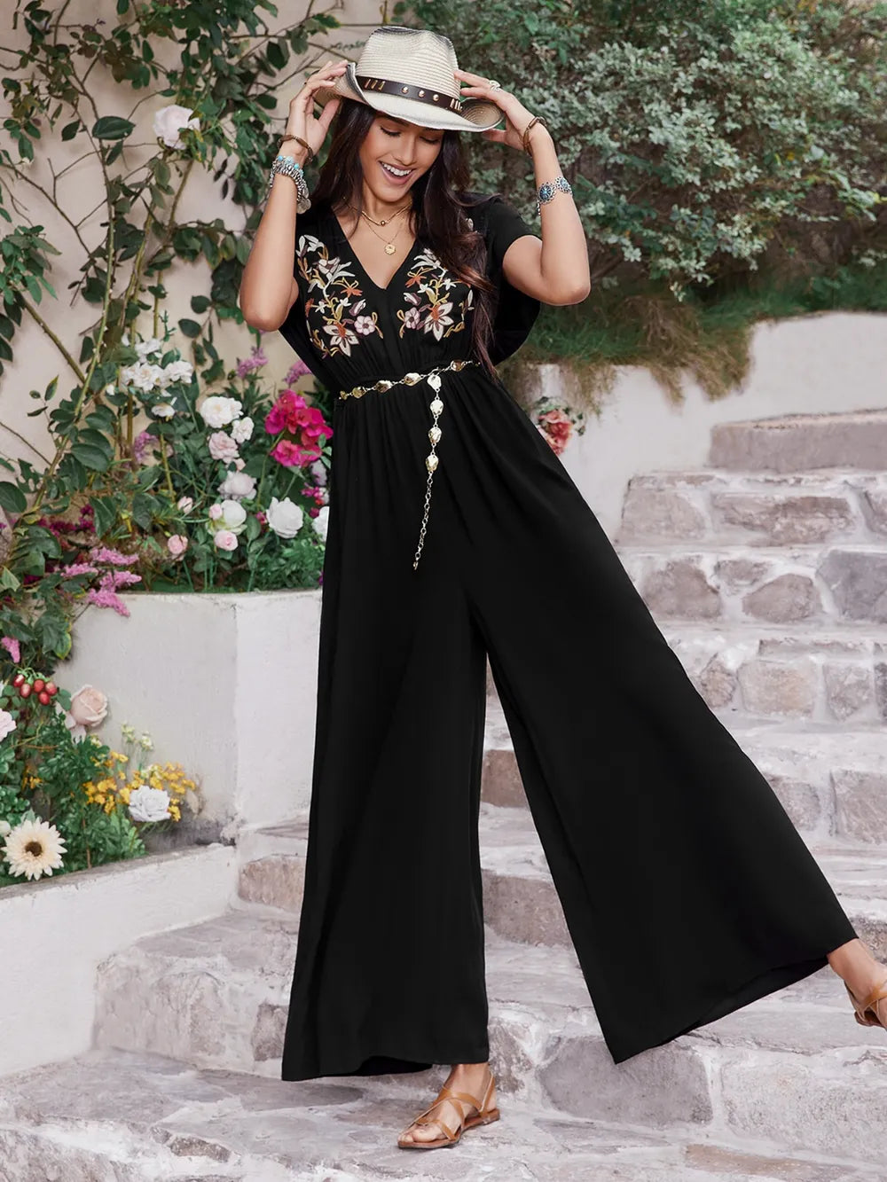Embroidered Ruched Short Sleeve Jumpsuit - Velora Luxury Fashion