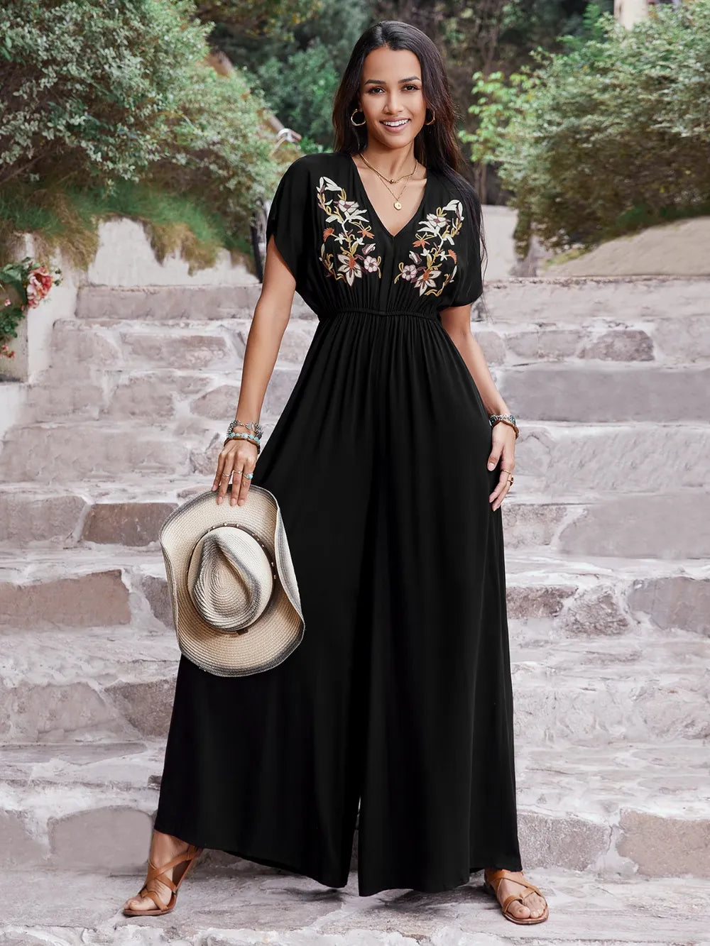 Embroidered Ruched Short Sleeve Jumpsuit - Velora Luxury Fashion