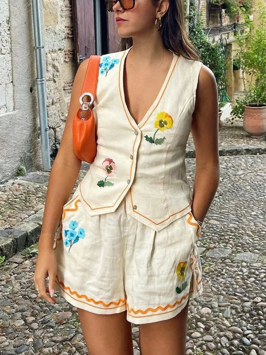 Embroidered V-Neck Vest and Shorts Set - Velora Luxury Fashion