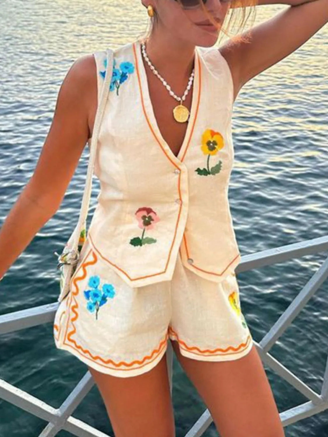 Embroidered V-Neck Vest and Shorts Set - Velora Luxury Fashion