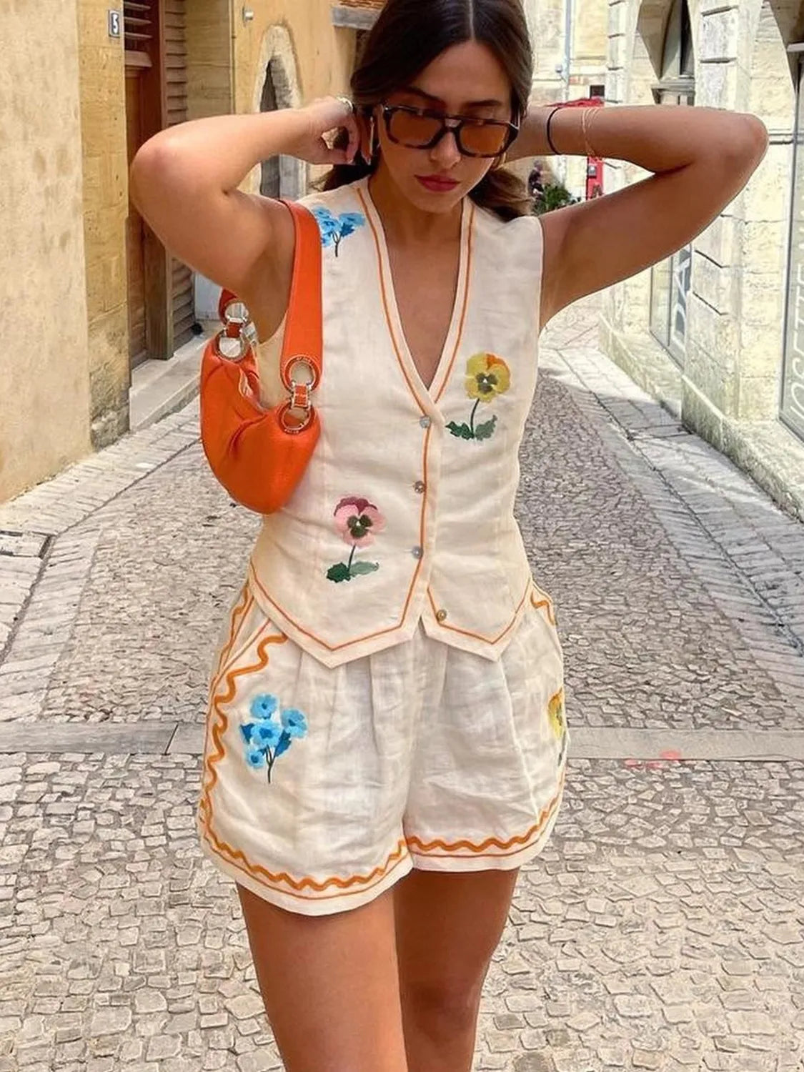 Embroidered V-Neck Vest and Shorts Set - Velora Luxury Fashion