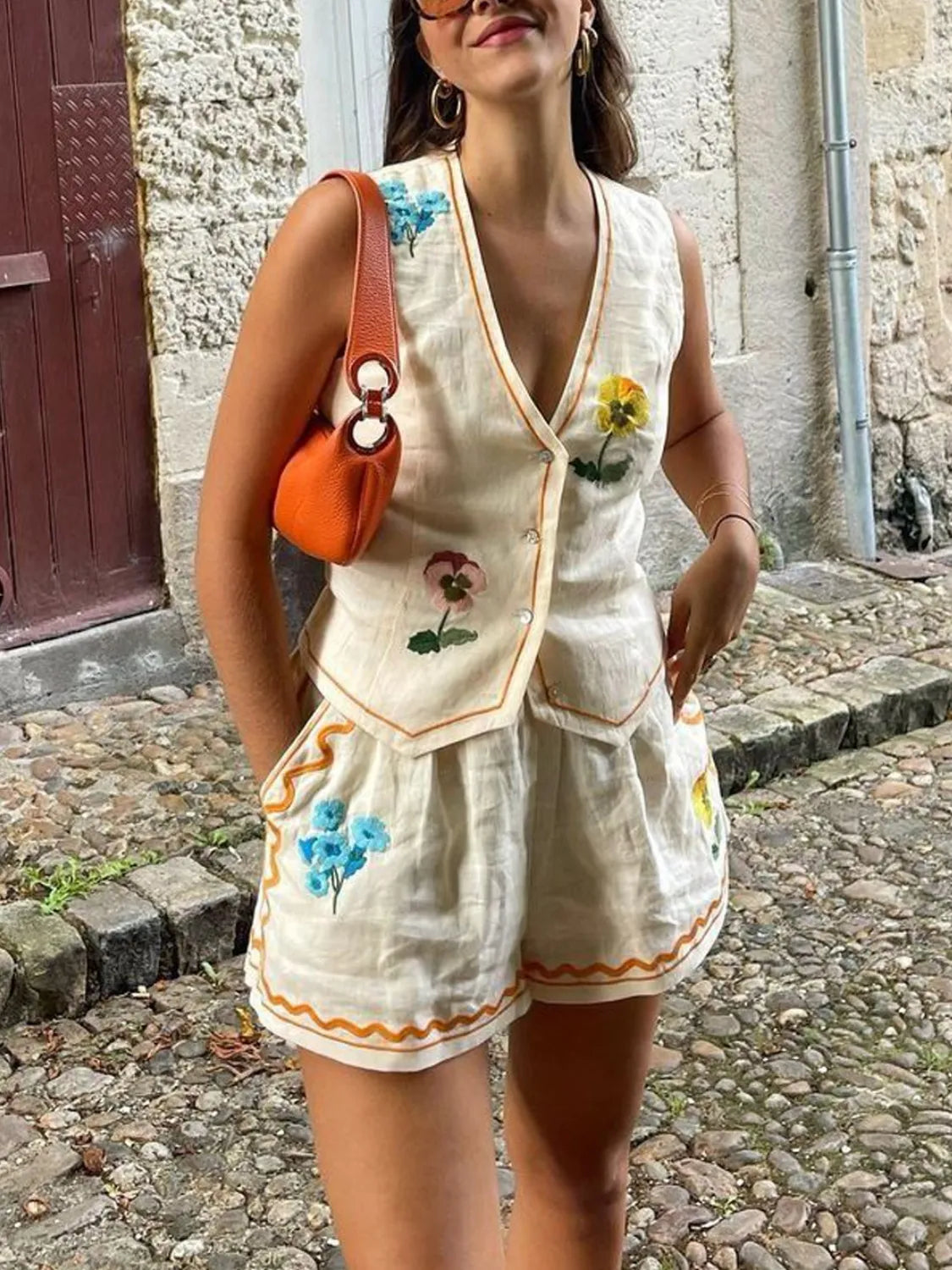 Embroidered V-Neck Vest and Shorts Set - Velora Luxury Fashion