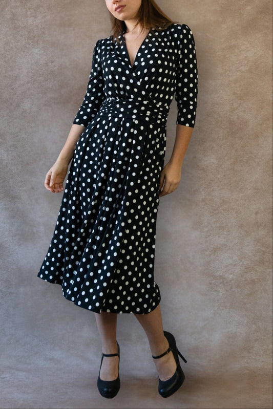 Evelyn Polka Dot Wrap Midi Dress 3/4 Sleeve V-Neck Pockets Elegant - Velora Luxury Fashion