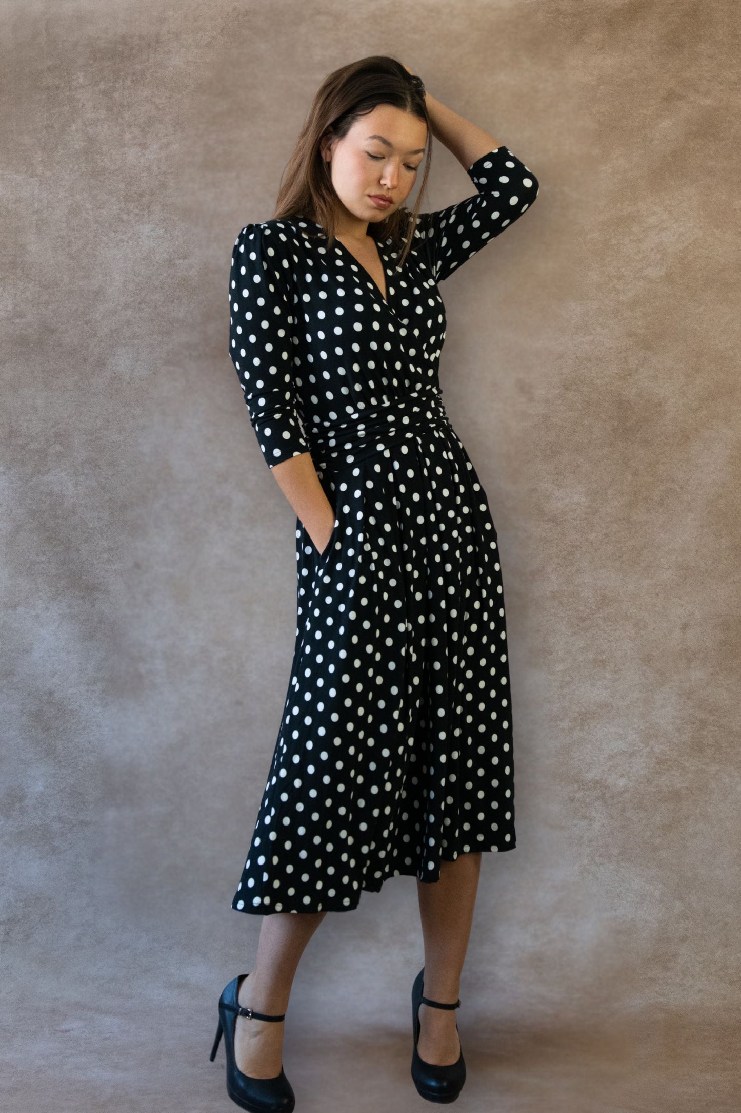 Evelyn Polka Dot Wrap Midi Dress 3/4 Sleeve V-Neck Pockets Elegant - Velora Luxury Fashion