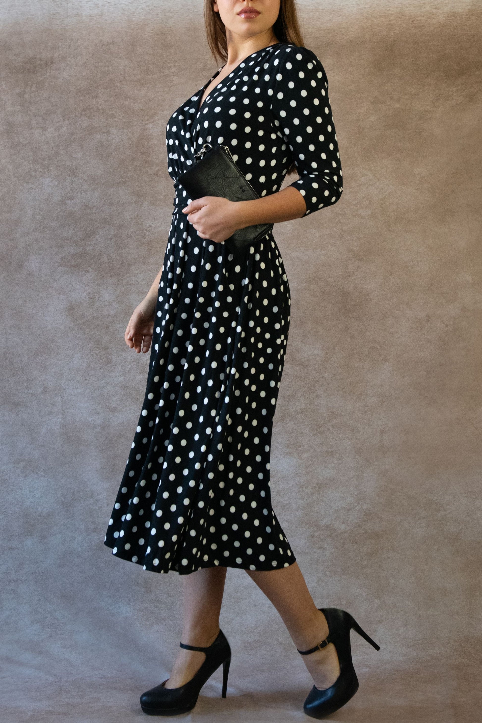 Evelyn Polka Dot Wrap Midi Dress 3/4 Sleeve V-Neck Pockets Elegant - Velora Luxury Fashion