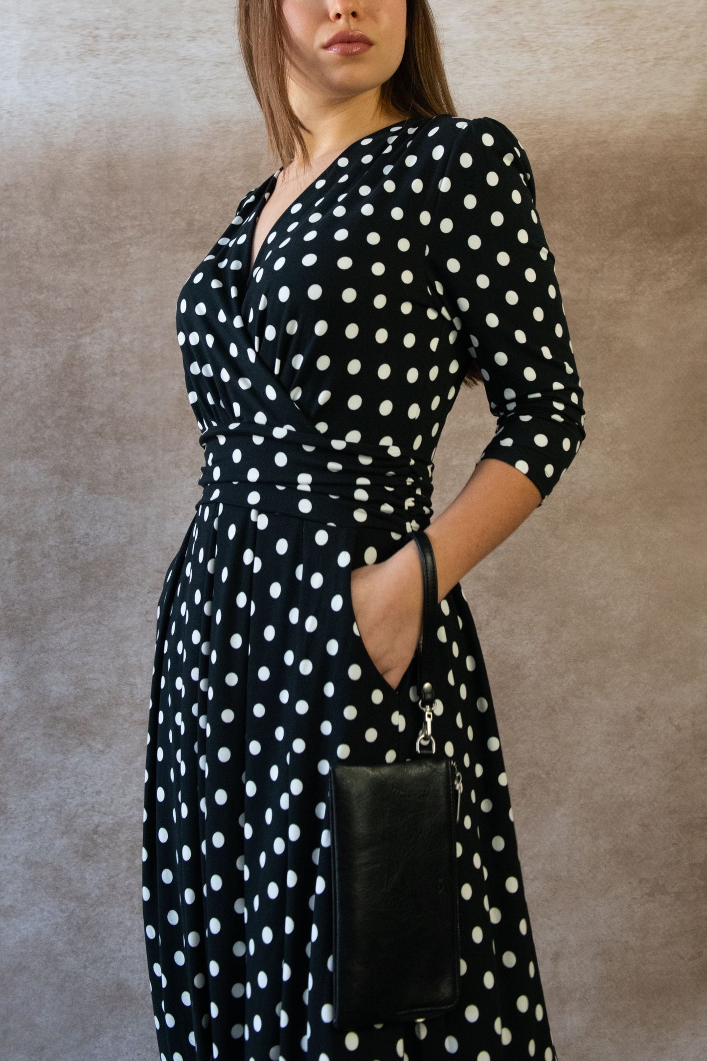 Evelyn Polka Dot Wrap Midi Dress 3/4 Sleeve V-Neck Pockets Elegant - Velora Luxury Fashion