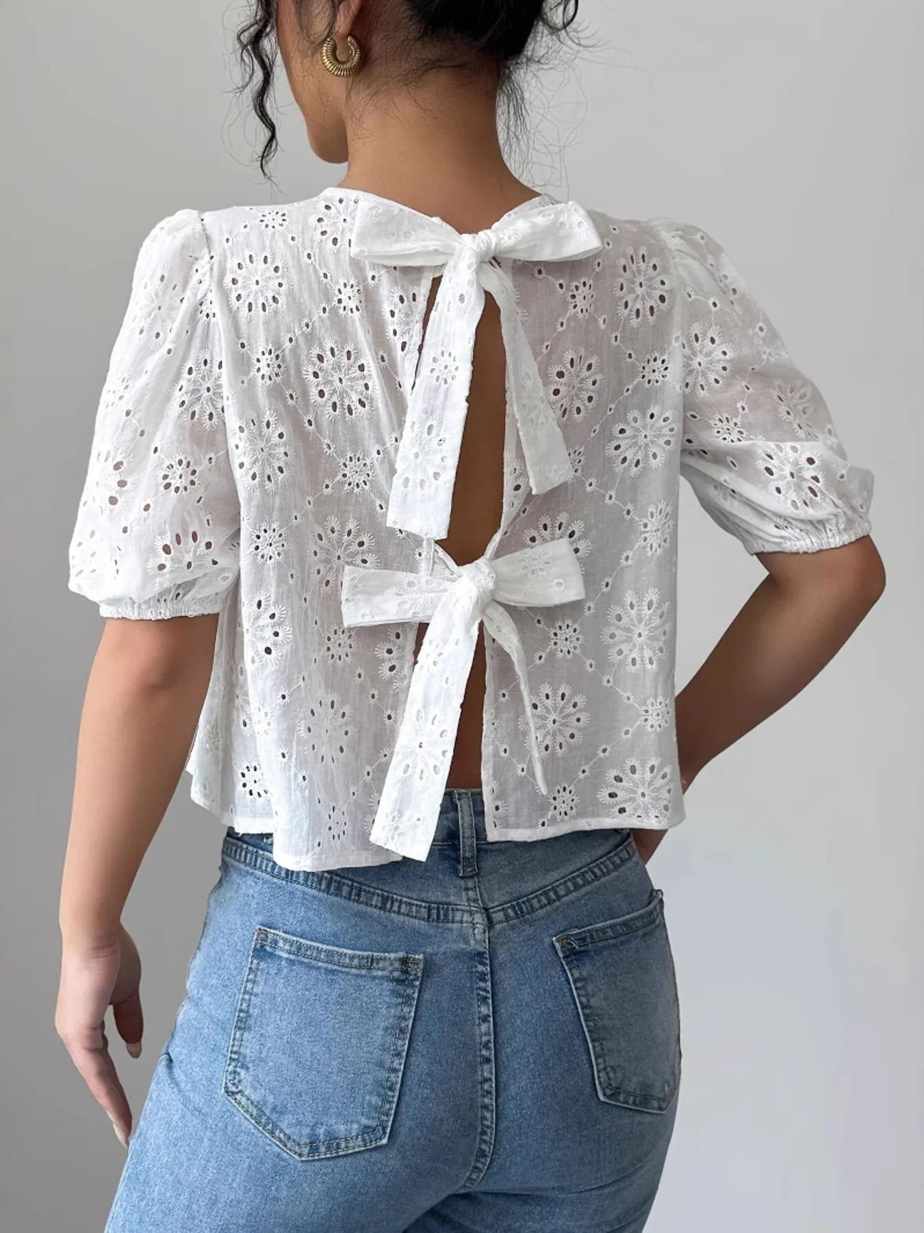 Eyelet Embroidered Puff Sleeve Tie-Back Blouse - Velora Luxury Fashion