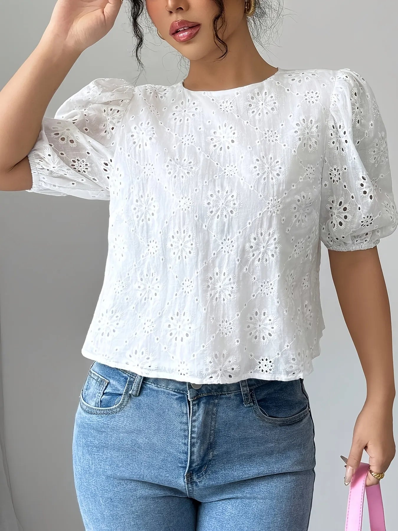 Eyelet Embroidered Puff Sleeve Tie-Back Blouse - Velora Luxury Fashion