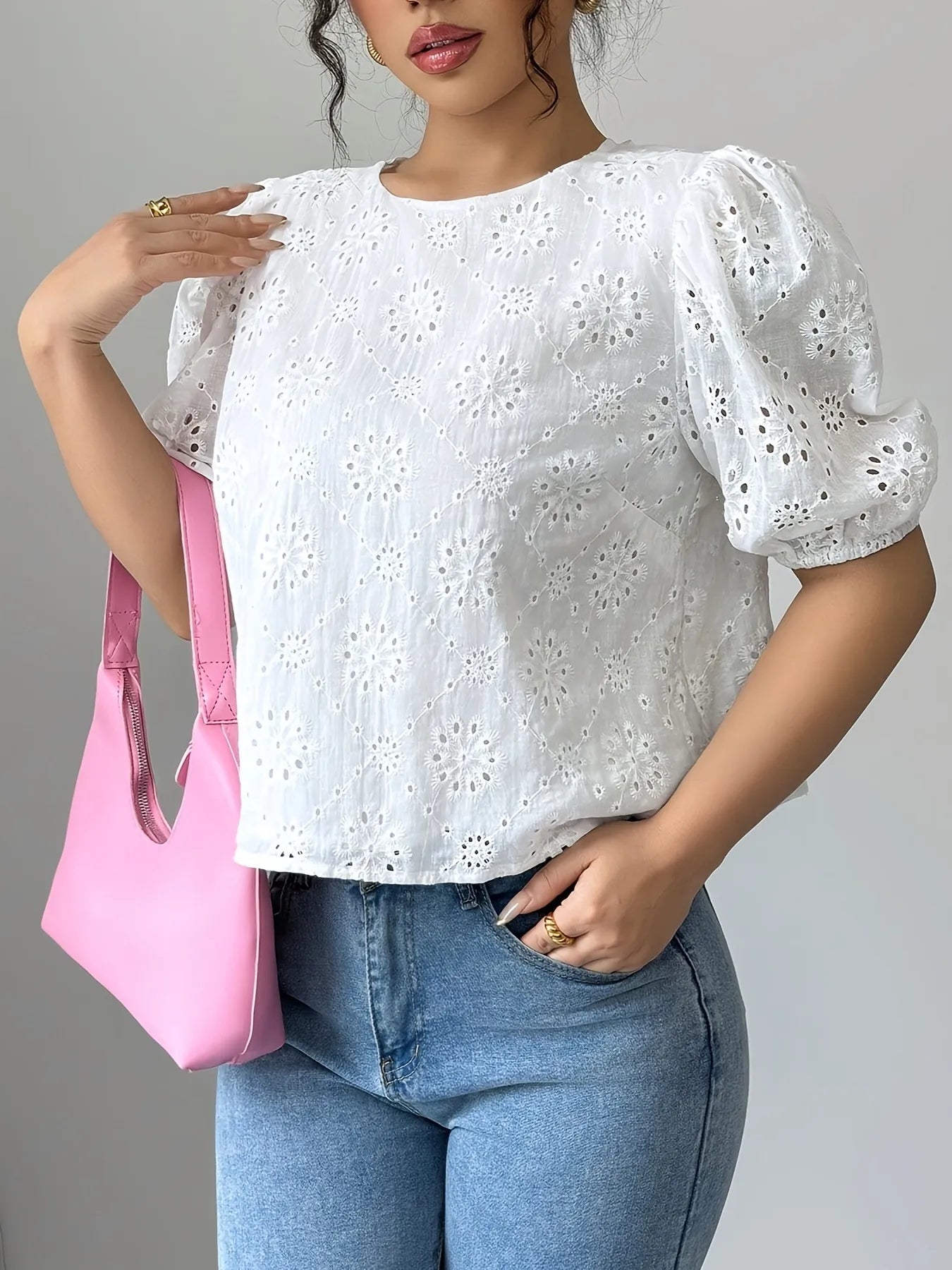 Eyelet Embroidered Puff Sleeve Tie-Back Blouse - Velora Luxury Fashion
