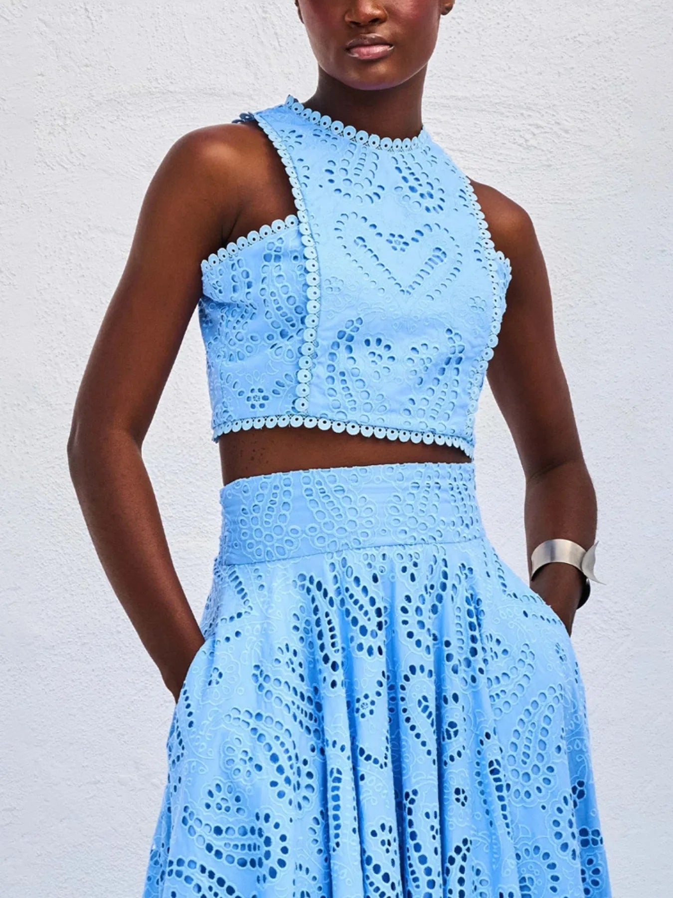 Eyelet Lace Top and Maxi Skirt Set - Velora Luxury Fashion