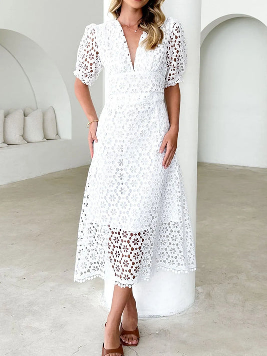 Eyelet Lace V-Neck Midi Dress with Puff Sleeves - Velora Luxury Fashion