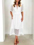 Eyelet Lace V-Neck Midi Dress with Puff Sleeves - Velora Luxury Fashion
